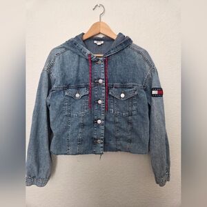Y2k Tommy Hilfiger Light Blue Denim Hooded Jean Jacket with Red Drawstrings